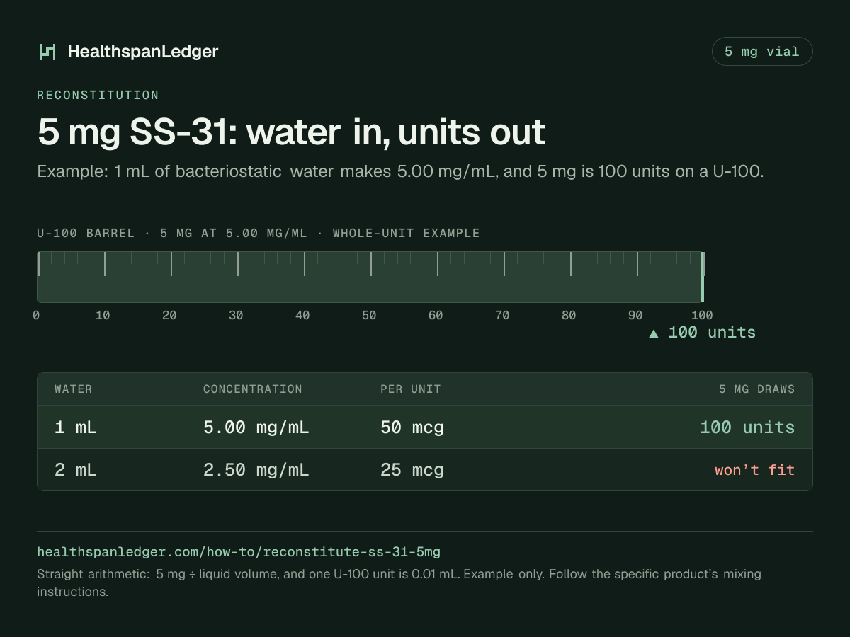SS-31 5 mg vial: example mixing volumes. Each row is what that amount draws on a U-100 syringe. 1 mL makes 5.00 mg/mL, or 50 mcg a unit, and 5 mg is 100 units. 2 mL makes 2.50 mg/mL, or 25 mcg a unit, and 5 mg is more than one barrel holds. The barrel drawn here is filled to 100 units, the draw at 1 mL. The sum is 5 mg divided by the liquid volume. One U-100 unit is 0.01 mL.